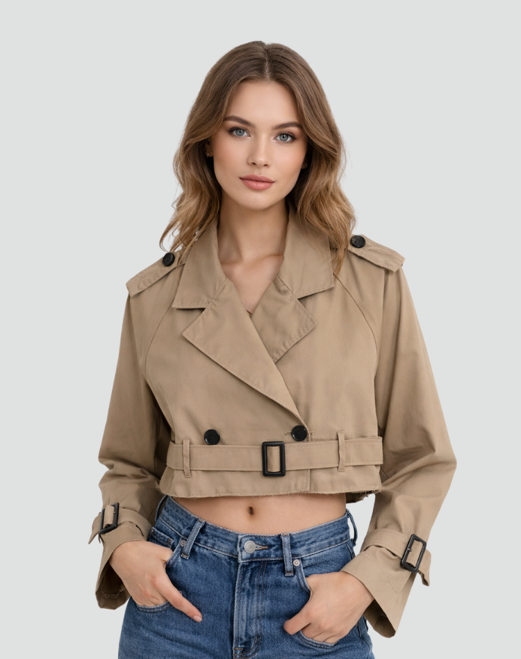 Women's Short Trench Coat with Belt and Double Button Closure