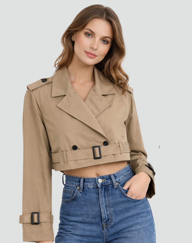 Women's Short Trench Coat with Belt and Double Button Closure
