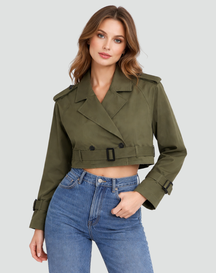 Women's Short Trench Coat with Belt and Double Button Closure