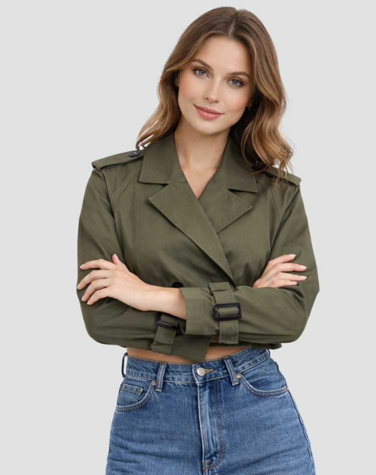 Women's Short Trench Coat with Belt and Double Button Closure