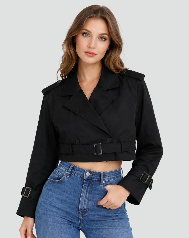 Women's Short Trench Coat with Belt and Double Button Closure