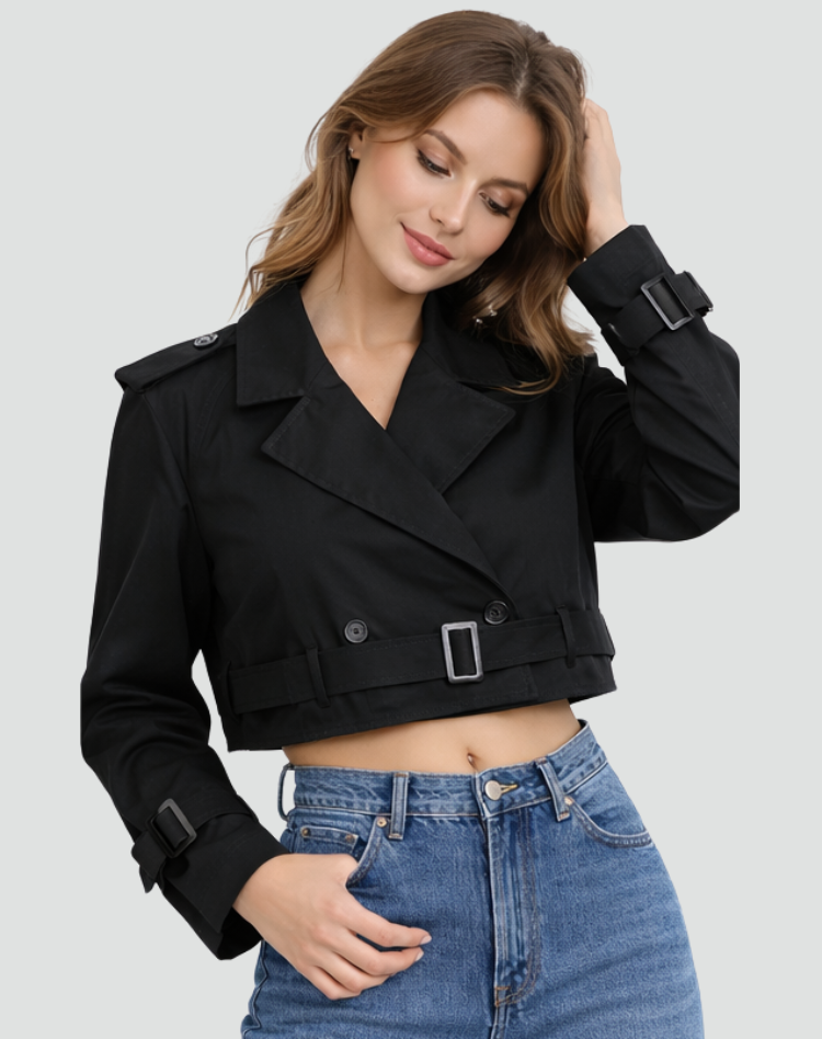 Women's Short Trench Coat with Belt and Double Button Closure