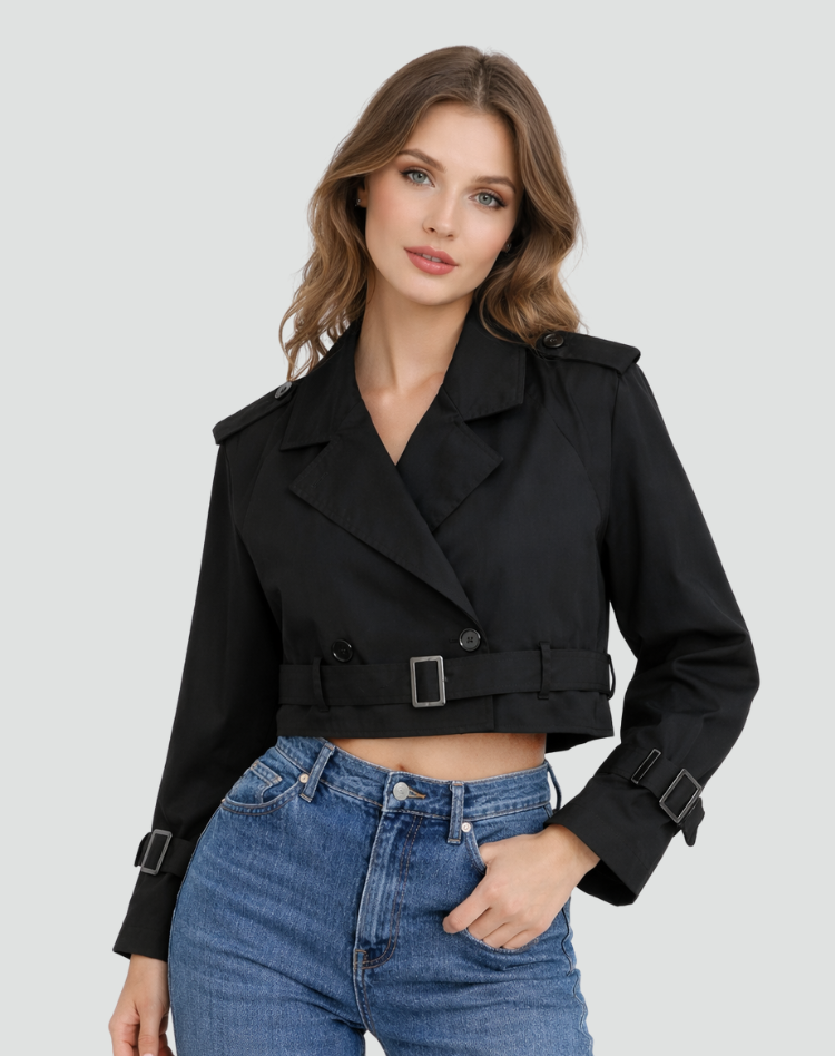 Women's Short Trench Coat with Belt and Double Button Closure