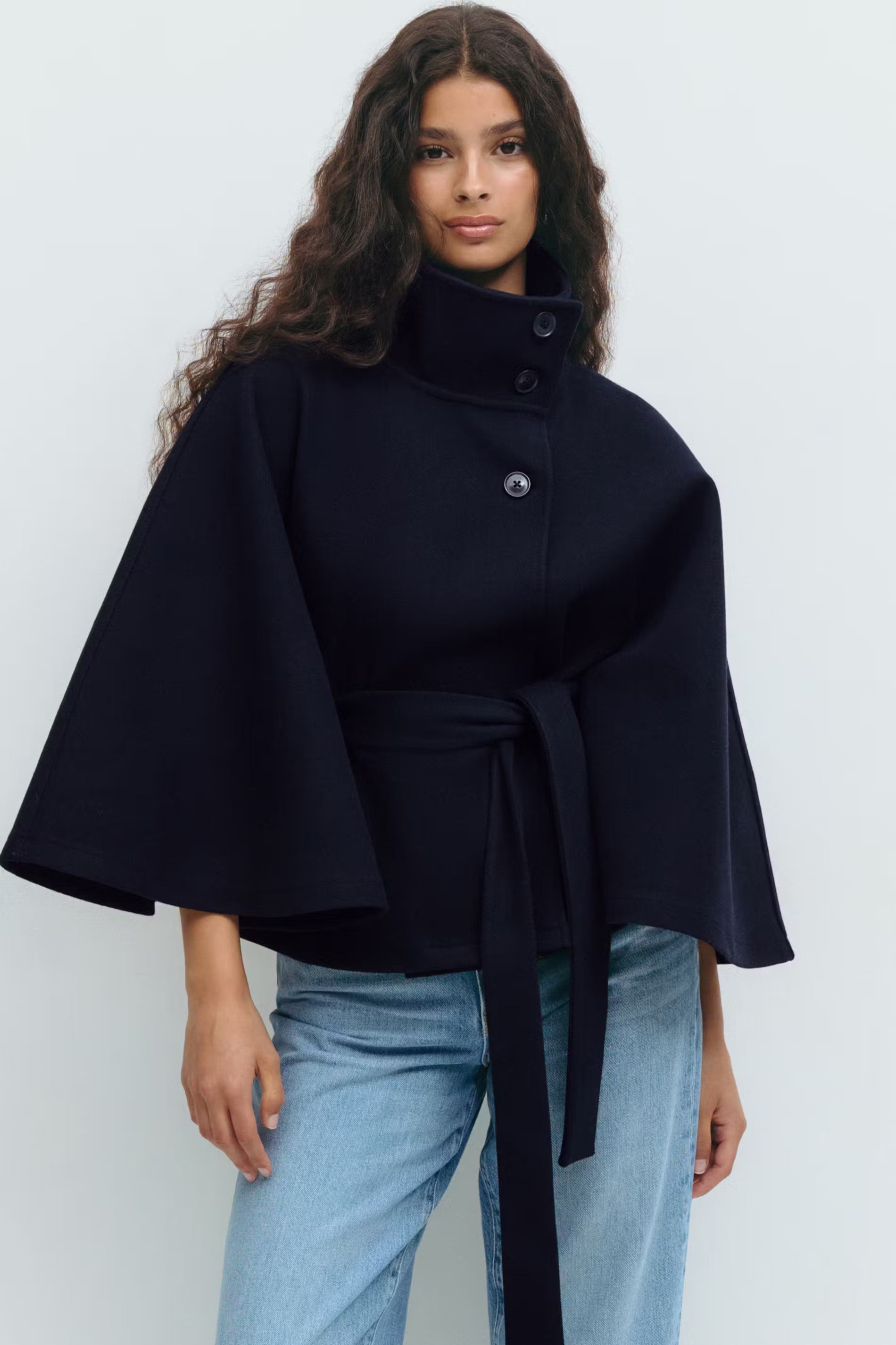 Women's Short Trench Coat with Belt and High Collar