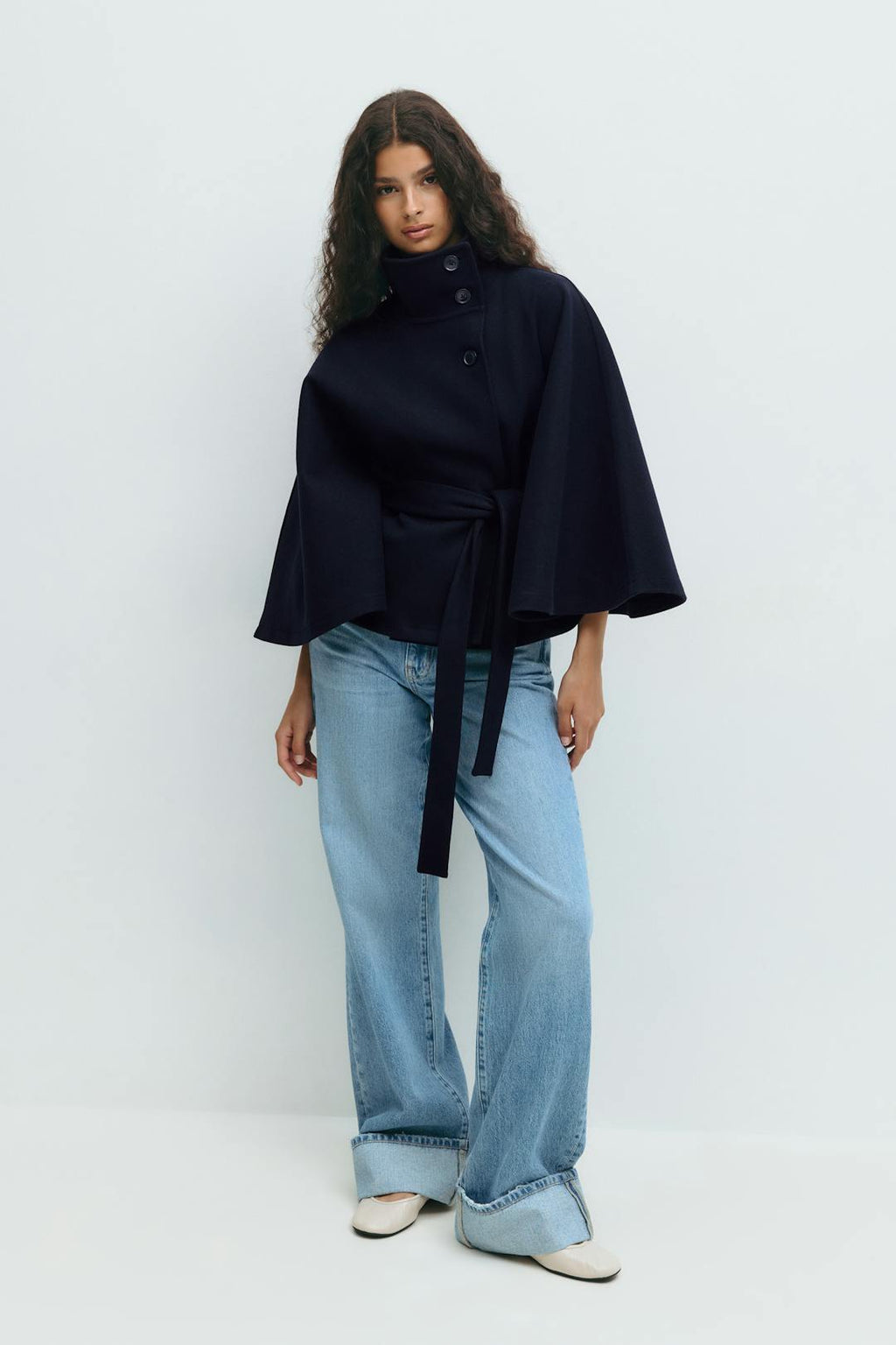 Women's Short Trench Coat with Belt and High Collar