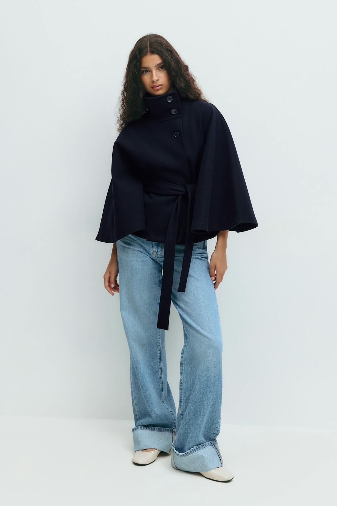 Women's Short Trench Coat with Belt and High Collar