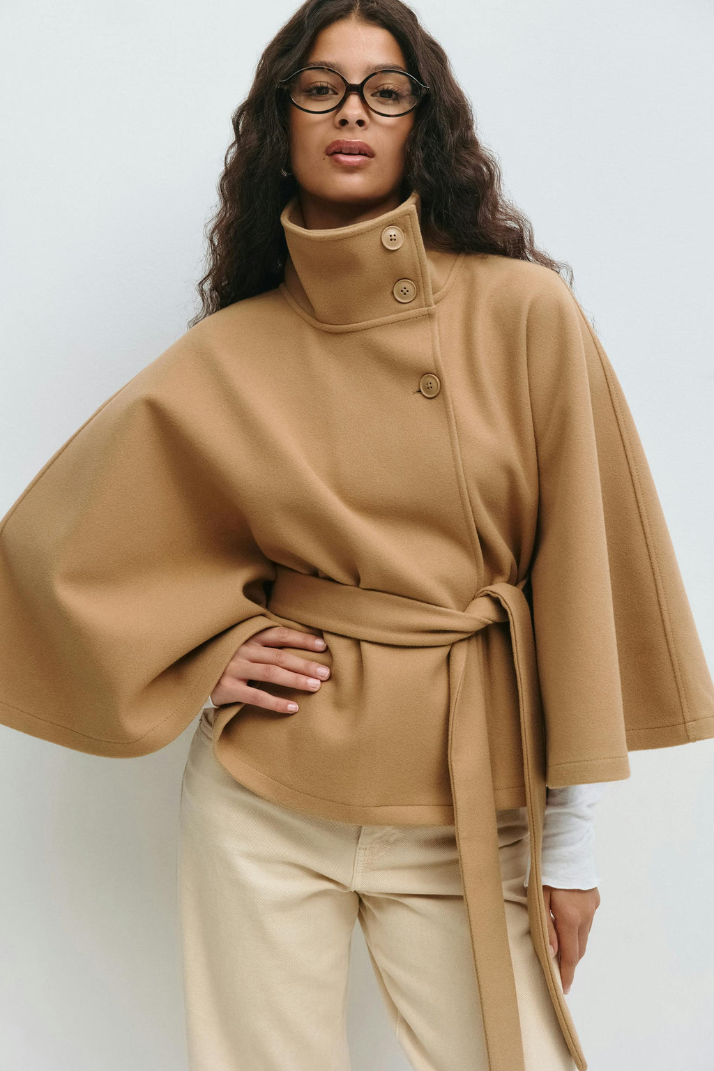 Women's Short Trench Coat with Belt and High Collar