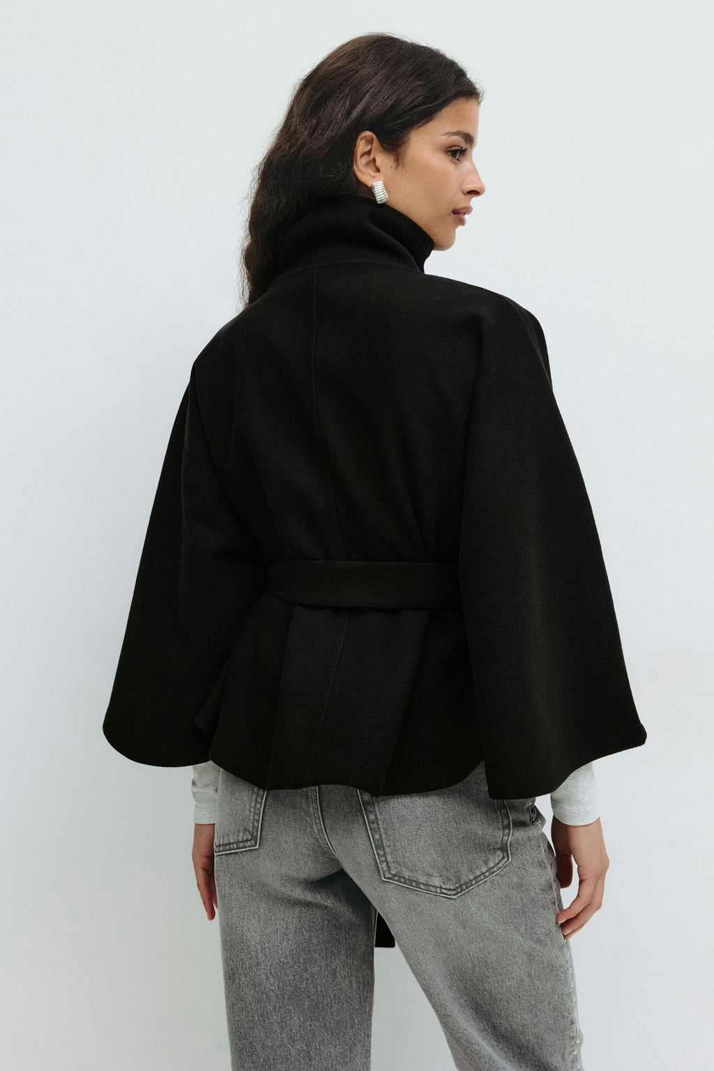 Women's Short Trench Coat with Belt and High Collar