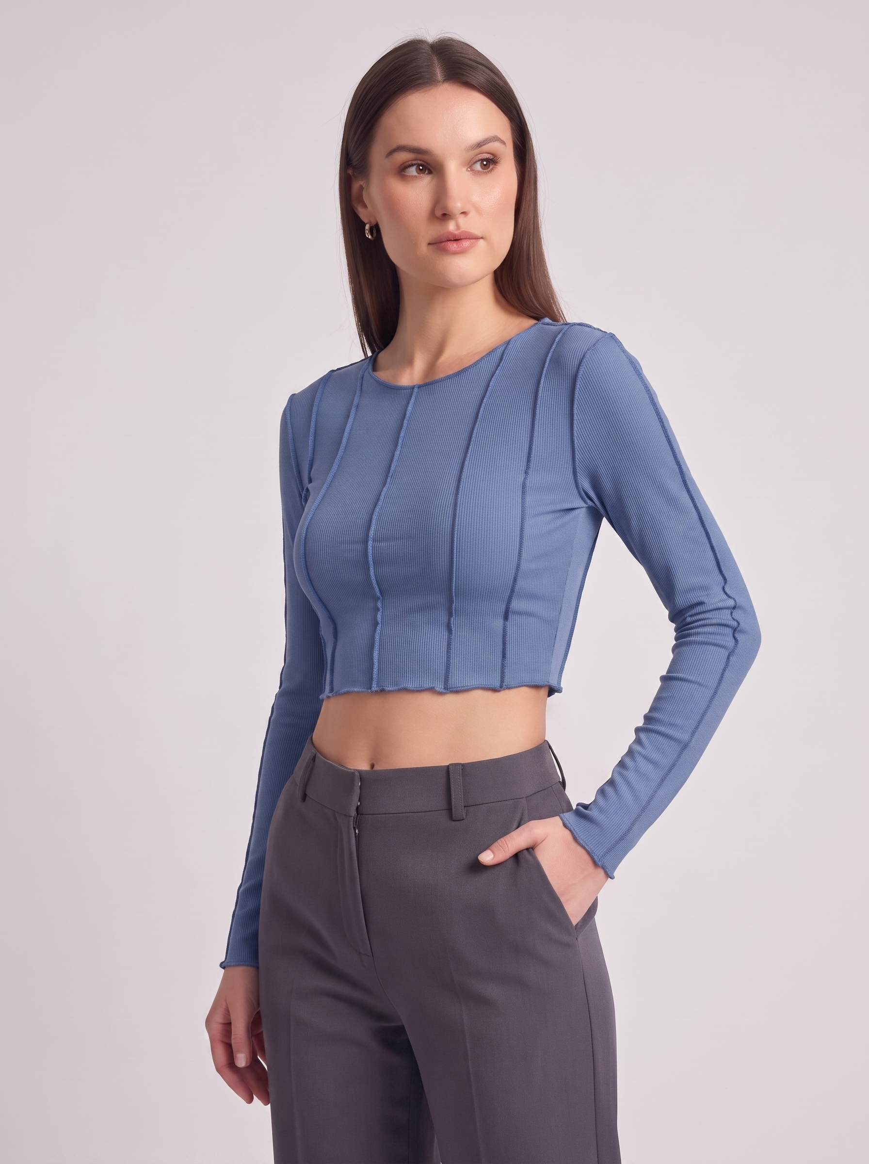 Women's Slim Long Sleeve Crop Top with Exposed Stitching