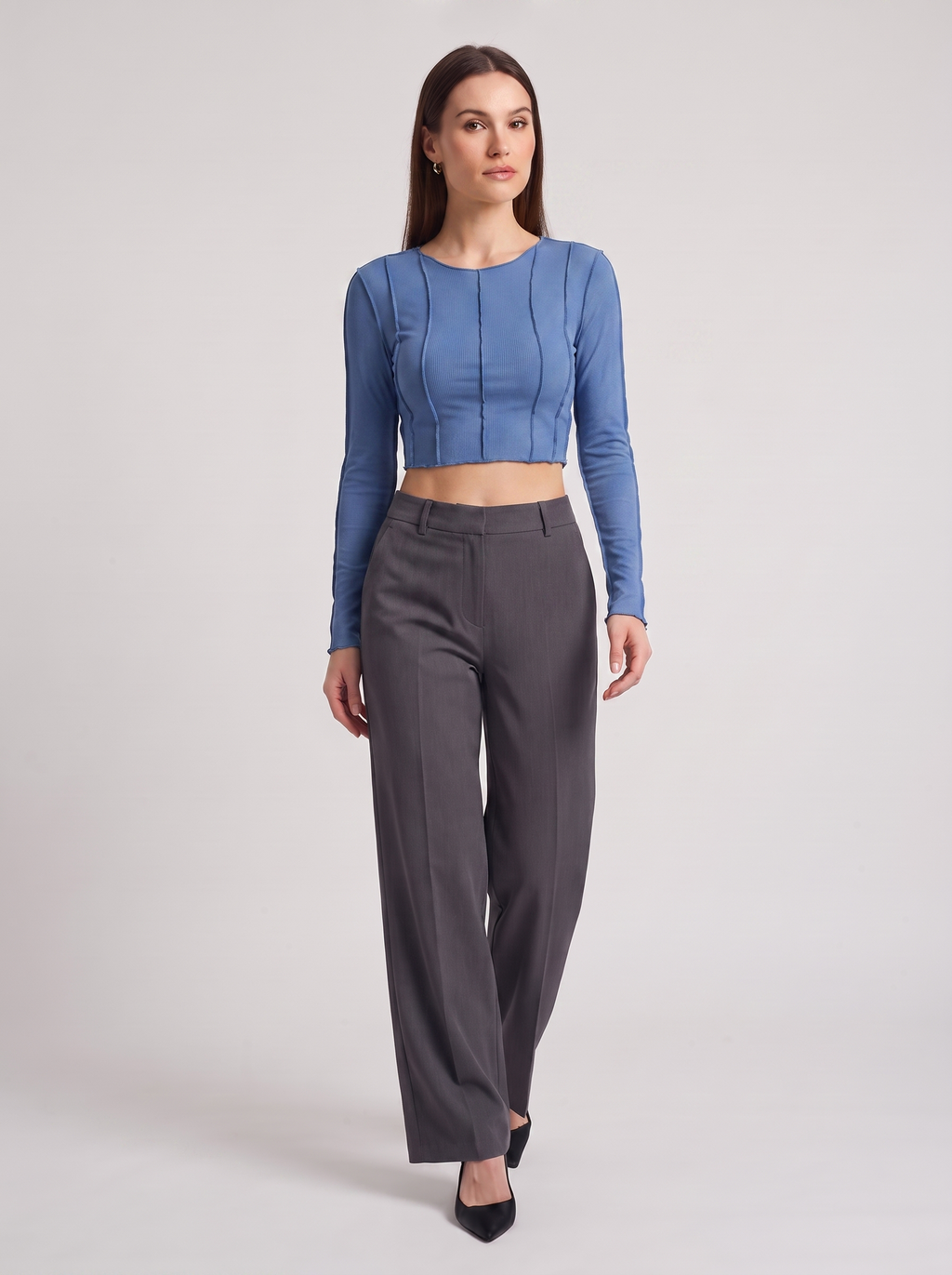 Women's Slim Long Sleeve Crop Top with Exposed Stitching