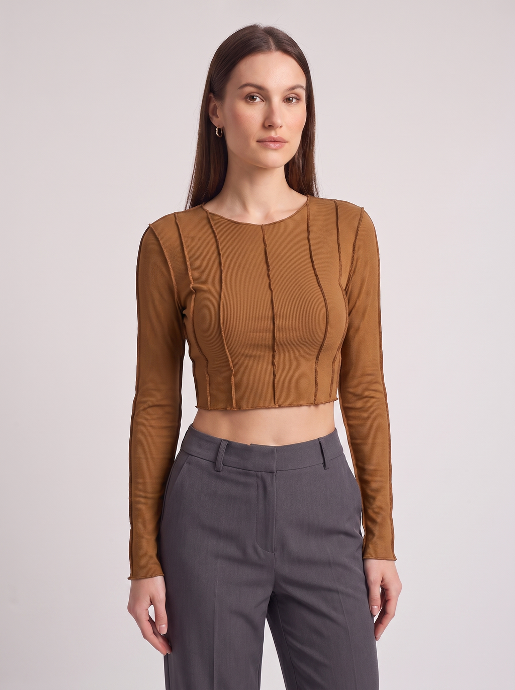 Women's Slim Long Sleeve Crop Top with Exposed Stitching