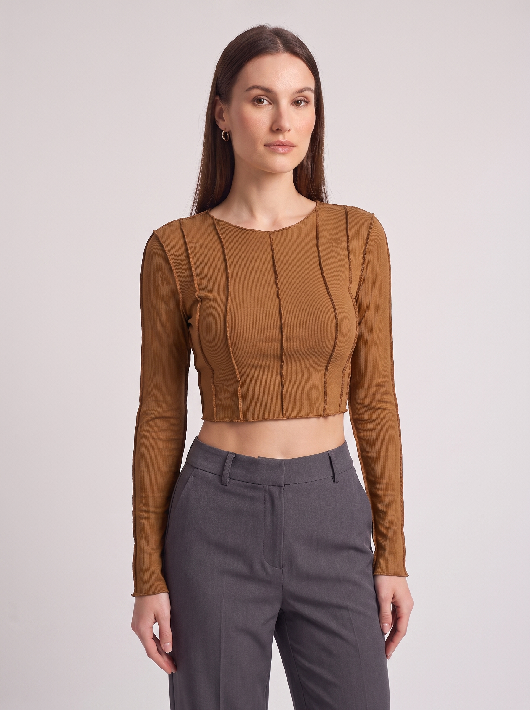 Women's Slim Long Sleeve Crop Top with Exposed Stitching