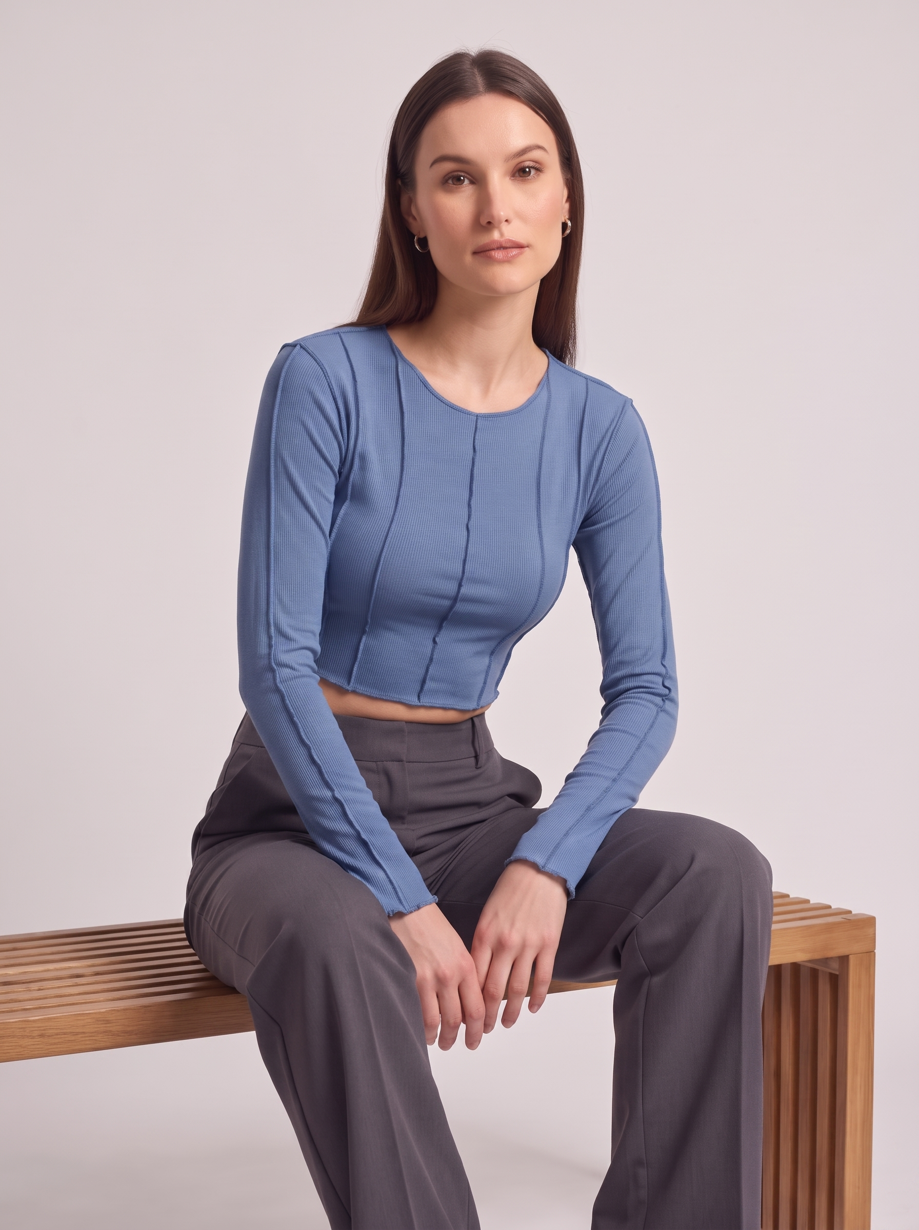 Women's Slim Long Sleeve Crop Top with Exposed Stitching