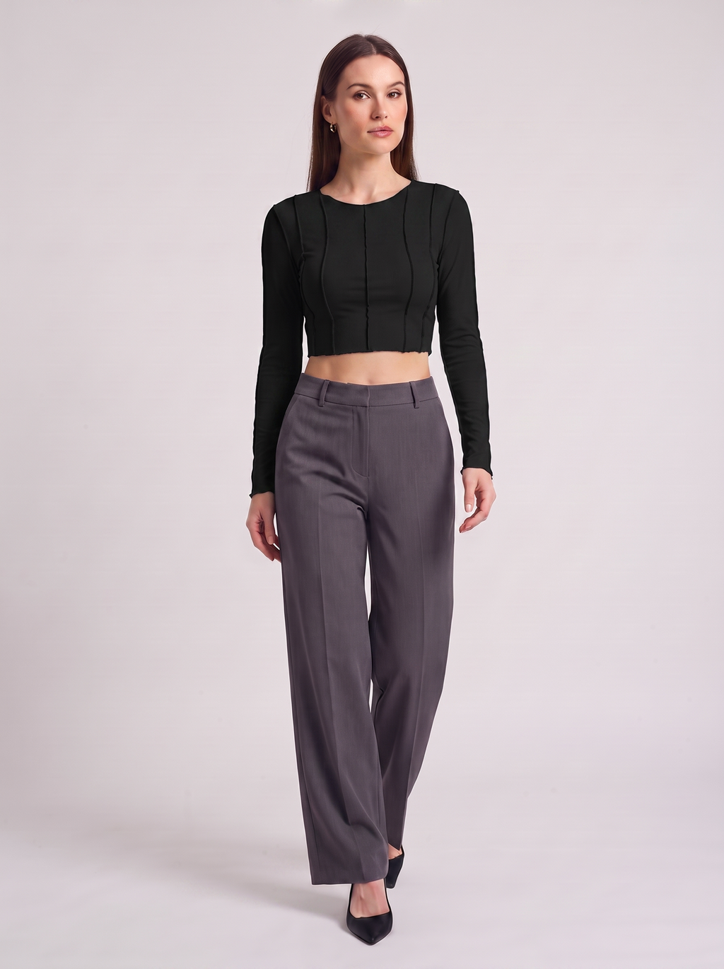 Women's Slim Long Sleeve Crop Top with Exposed Stitching