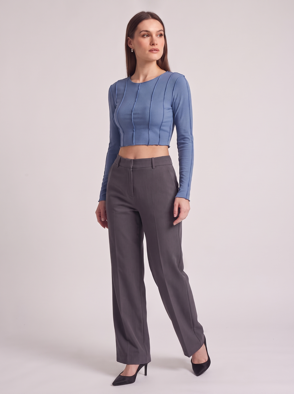 Women's Slim Long Sleeve Crop Top with Exposed Stitching