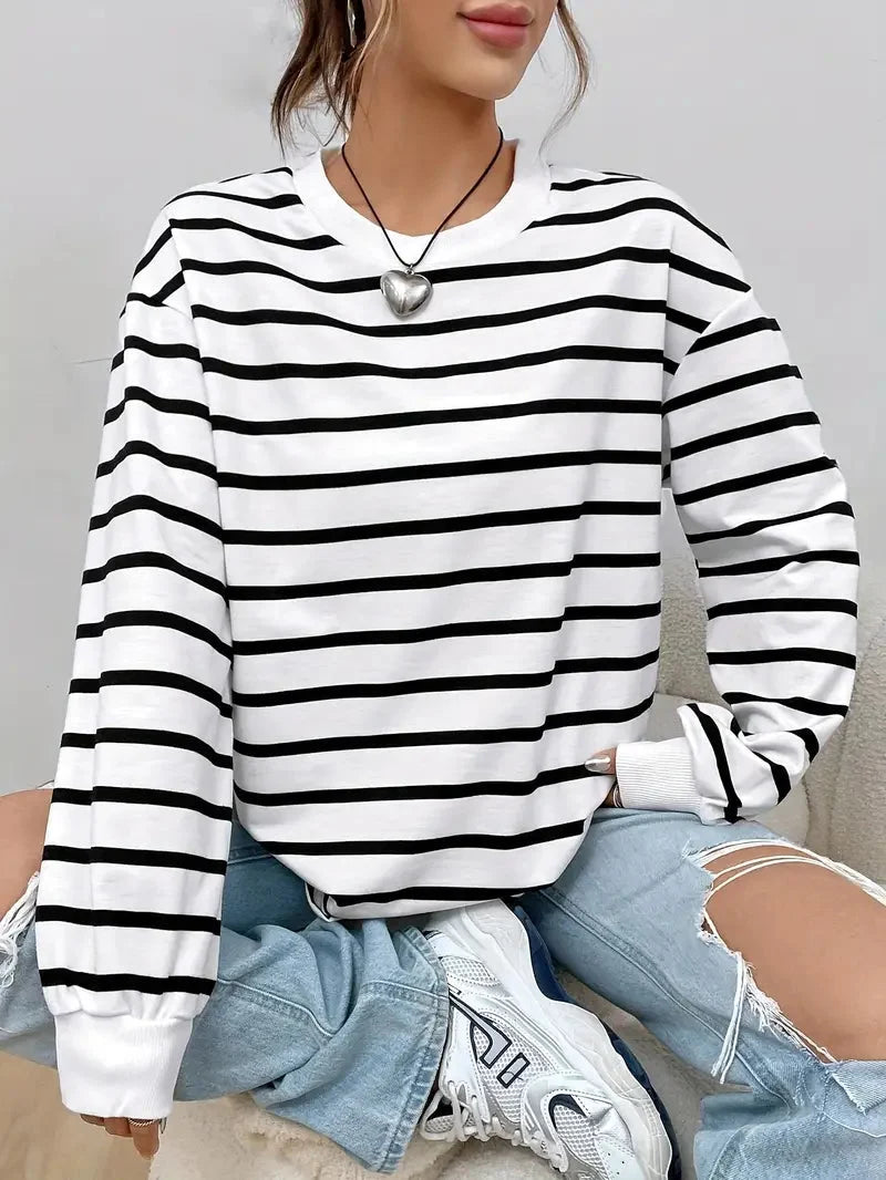 Women's Loose Fit Striped Crew Neck Long Sleeve