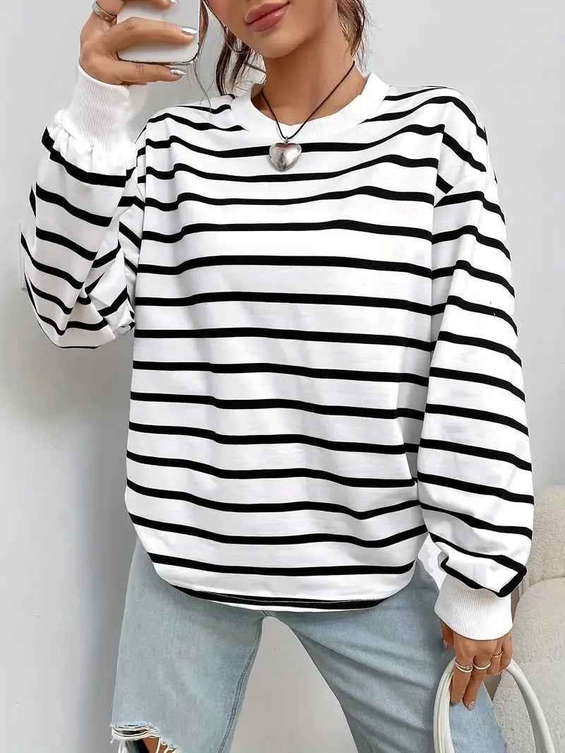 Women's Loose Fit Striped Crew Neck Long Sleeve