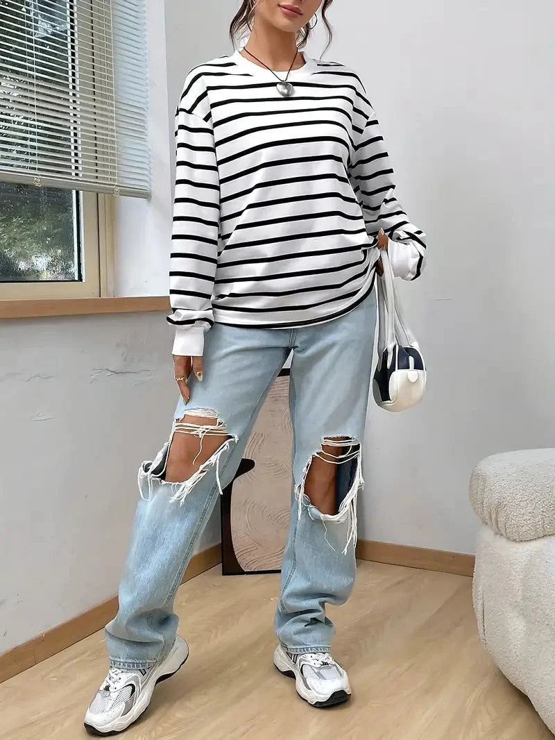 Women's Loose Fit Striped Crew Neck Long Sleeve