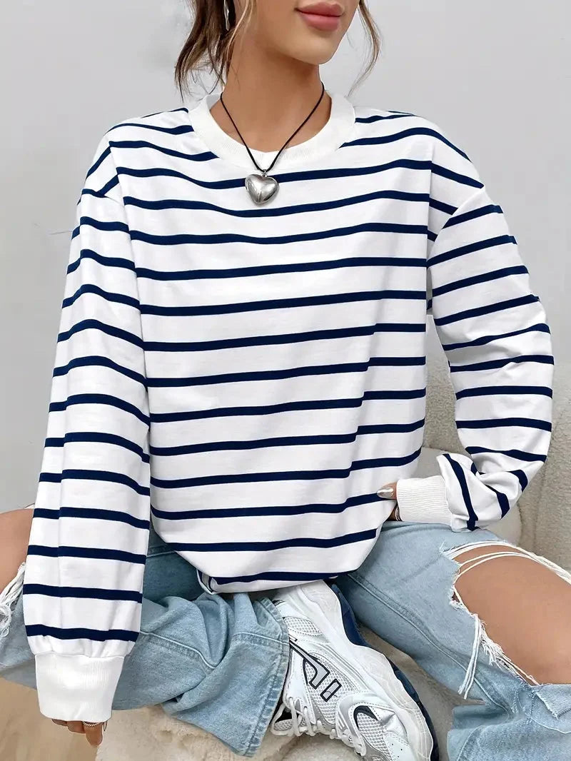 Women's Loose Fit Striped Crew Neck Long Sleeve