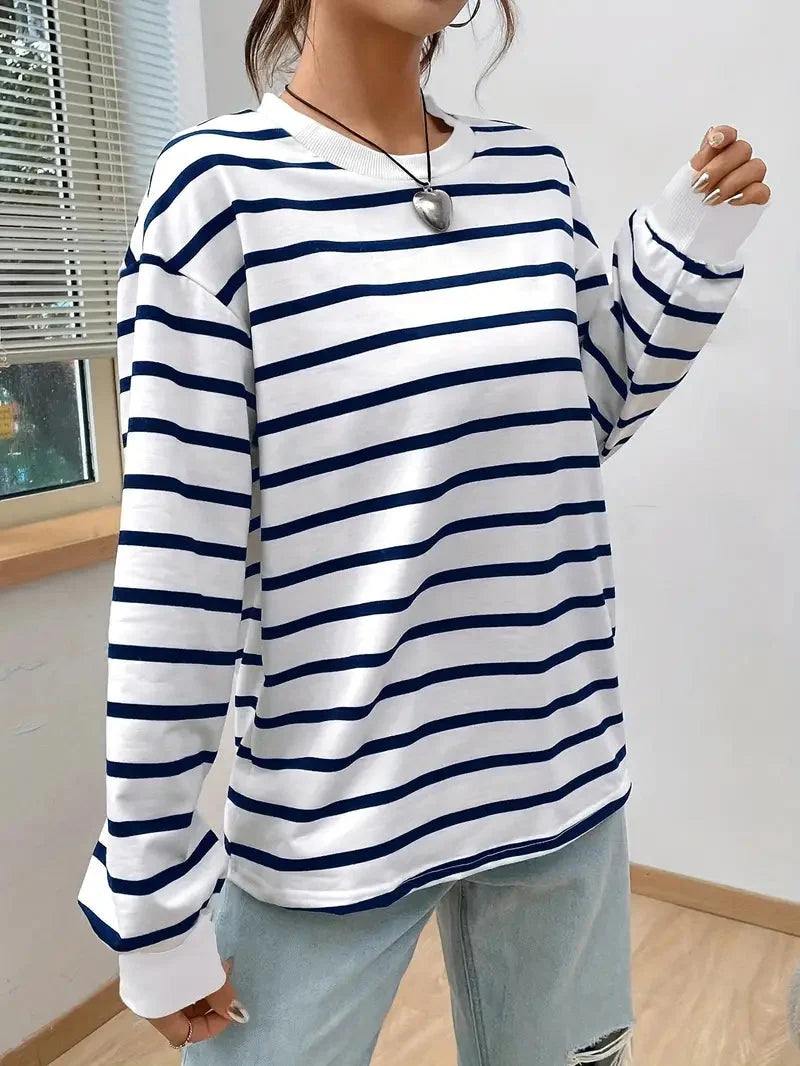 Women's Loose Fit Striped Crew Neck Long Sleeve