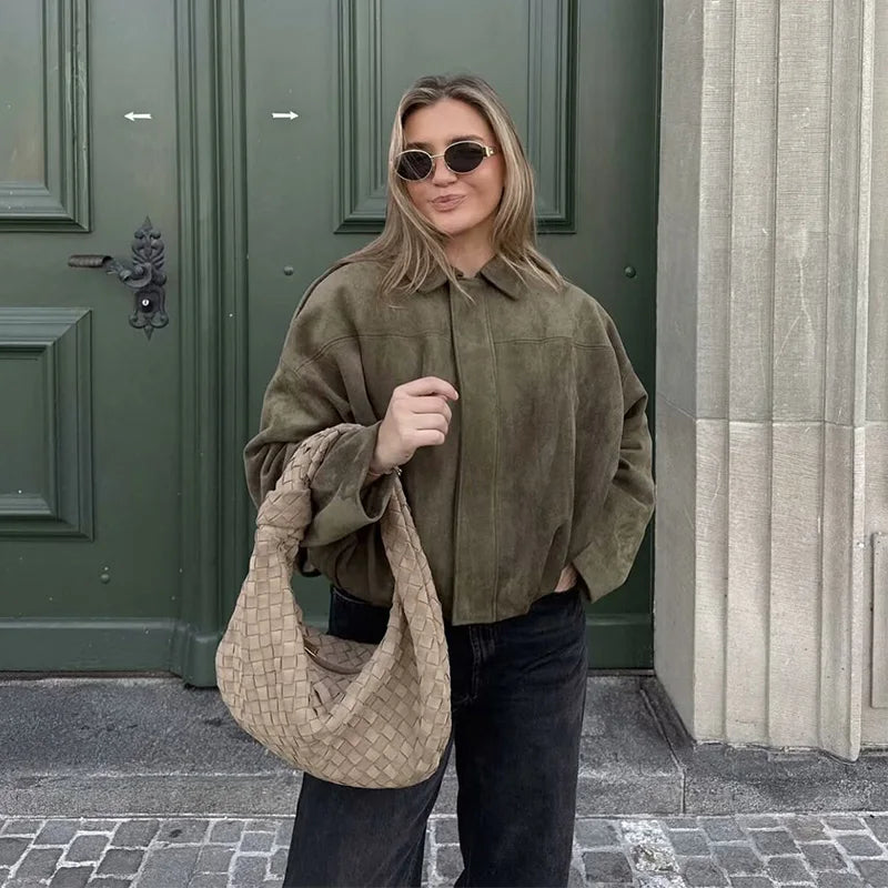 Women's Suede Style Bomber Jacket for Fall and Mid-Season