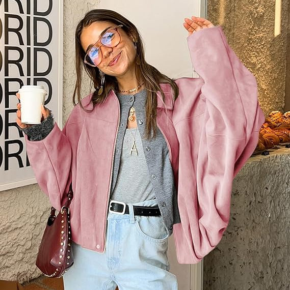 Women's Suede Style Bomber Jacket for Fall and Mid-Season