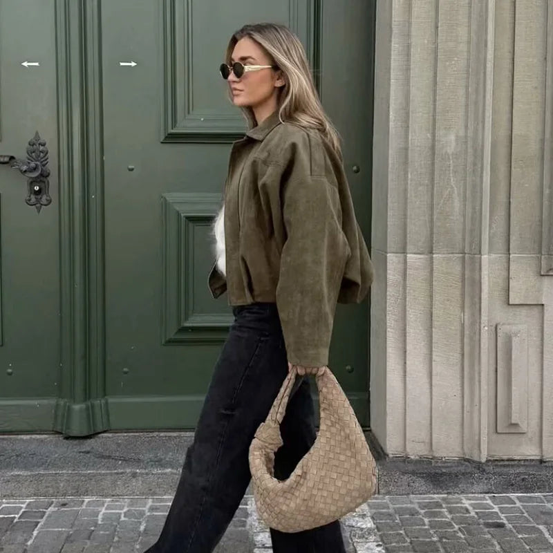 Women's Suede Style Bomber Jacket for Fall and Mid-Season