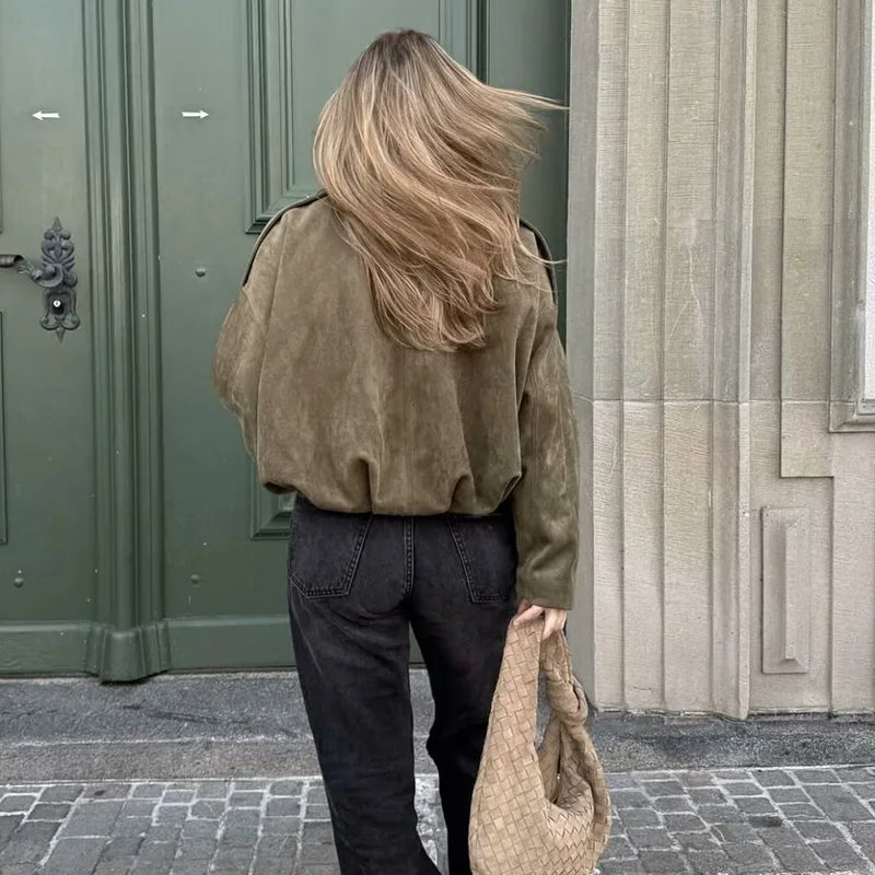 Women's Suede Style Bomber Jacket for Fall and Mid-Season