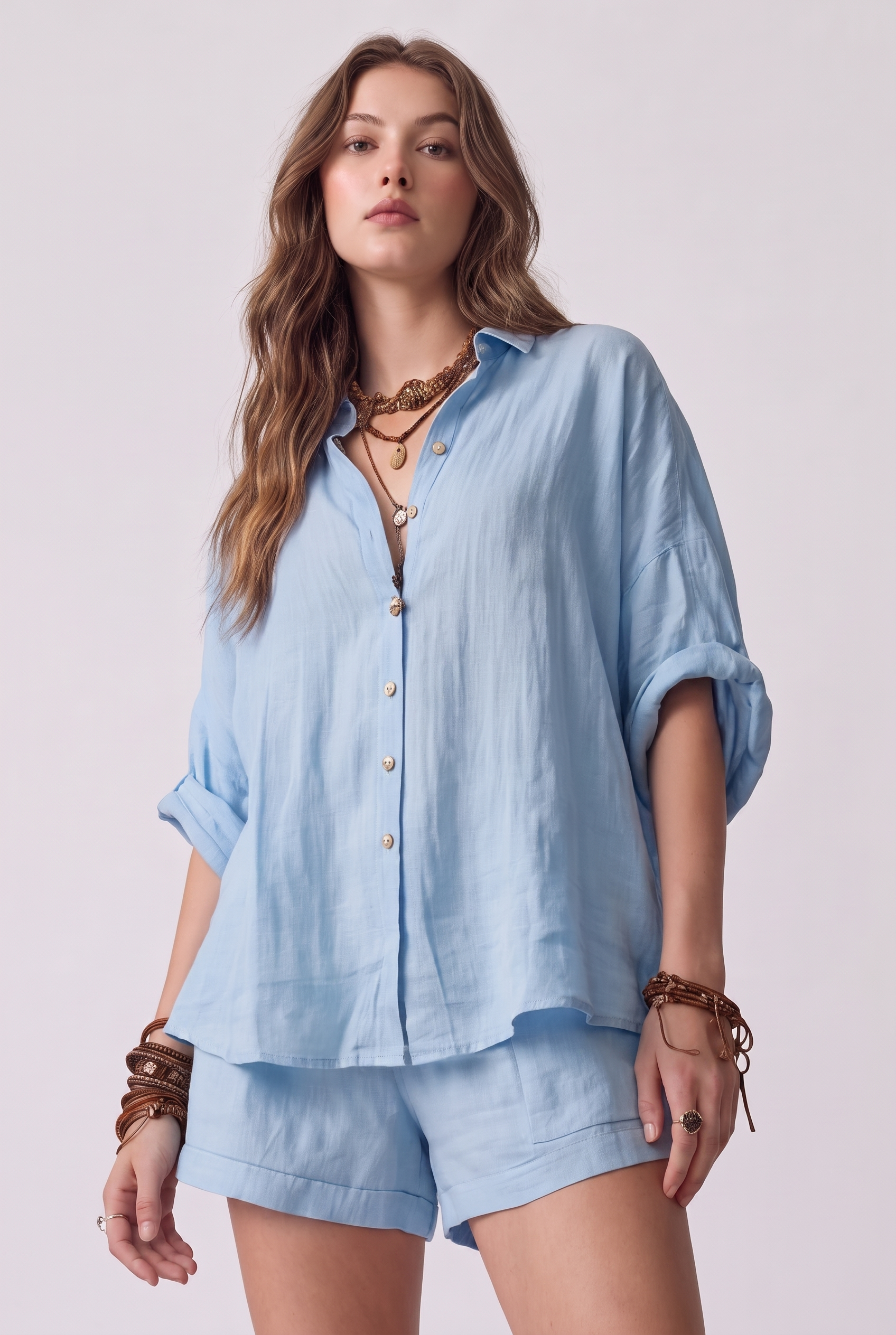 Women's Two-Piece Summer Outfit with Short Sleeve Shirt and Wide-Leg Shorts
