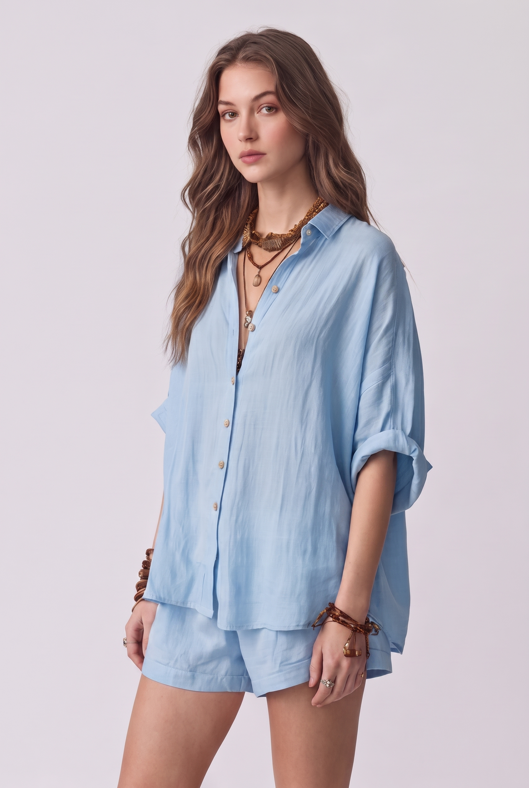 Women's Two-Piece Summer Outfit with Short Sleeve Shirt and Wide-Leg Shorts