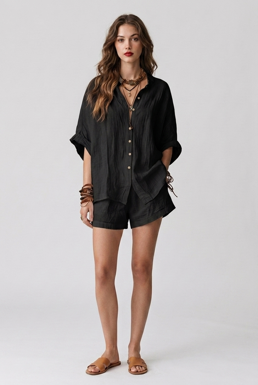 Women's Two-Piece Summer Outfit with Short Sleeve Shirt and Wide-Leg Shorts
