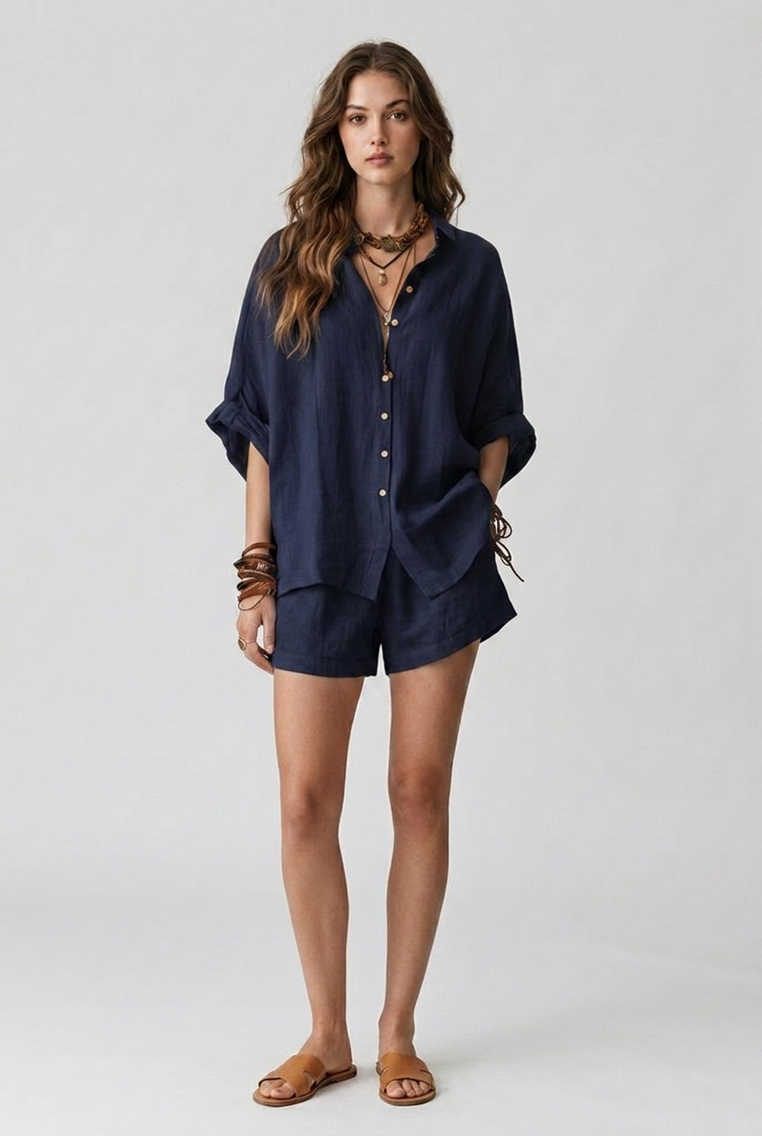 Women's Two-Piece Summer Outfit with Short Sleeve Shirt and Wide-Leg Shorts