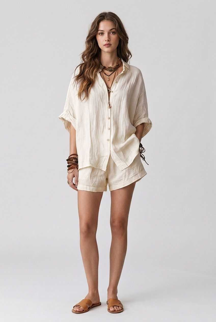 Women's Two-Piece Summer Outfit with Short Sleeve Shirt and Wide-Leg Shorts