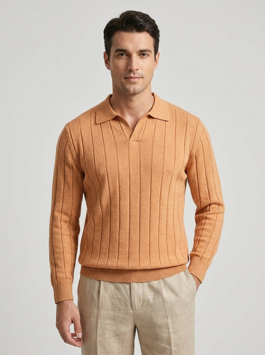 Men's Wool V-Neck Long Sleeve Polo Sweater