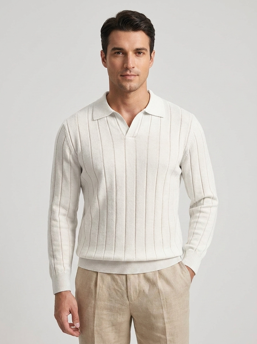 Men's Wool V-Neck Long Sleeve Polo Sweater