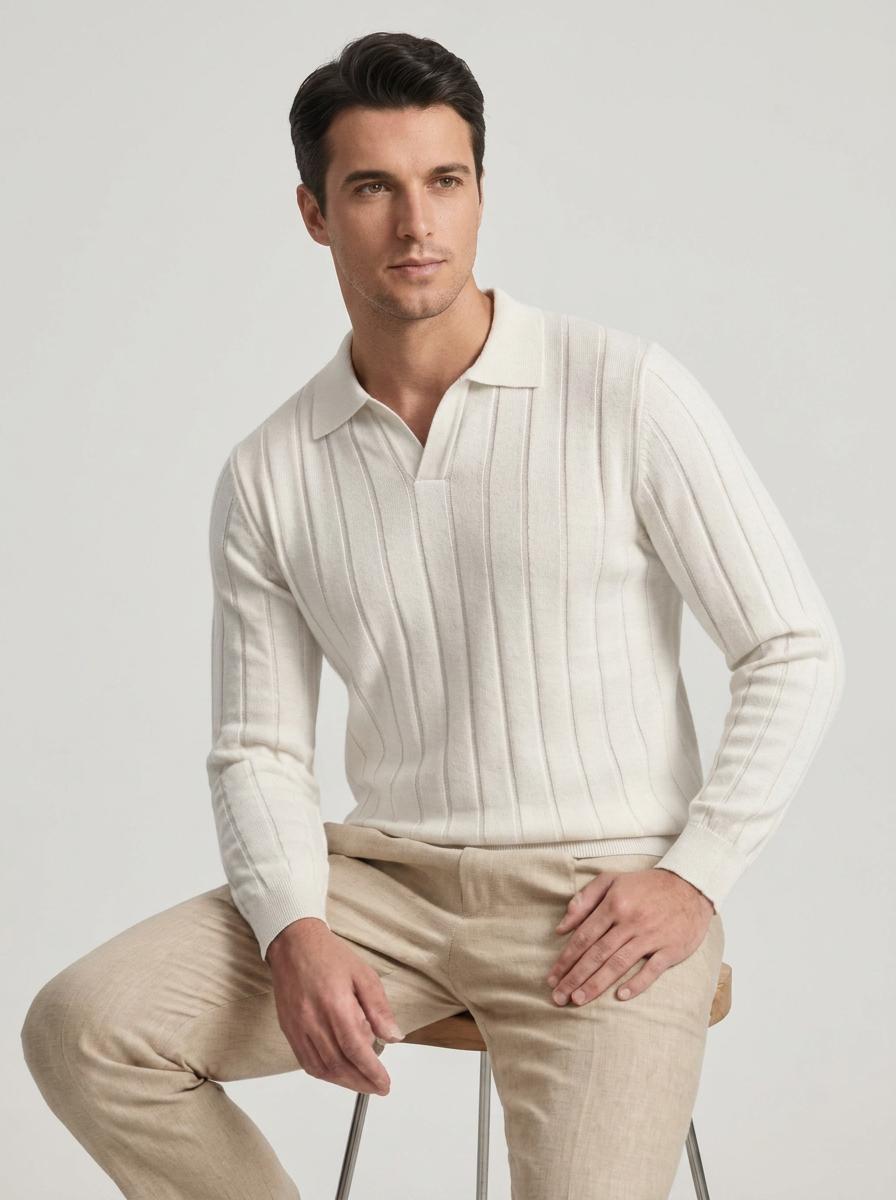 Men's Wool V-Neck Long Sleeve Polo Sweater