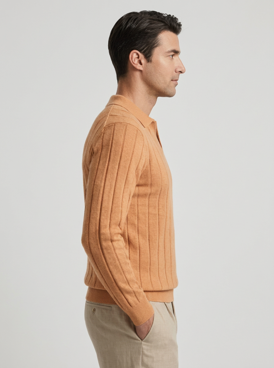 Men's Wool V-Neck Long Sleeve Polo Sweater