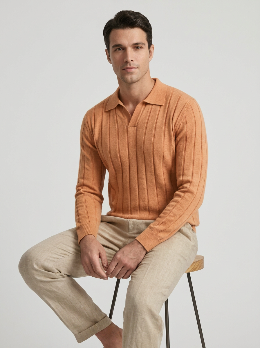 Men's Wool V-Neck Long Sleeve Polo Sweater