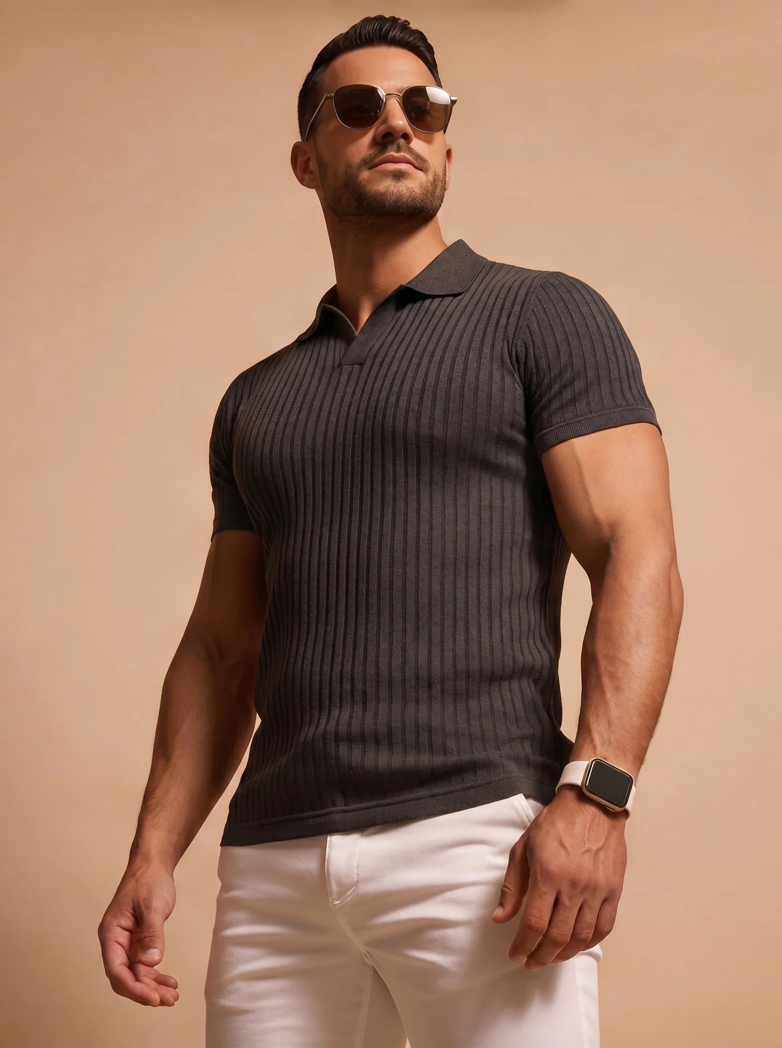 Men's Slim Fit Ribbed Polo Shirt with V-Neck Collar