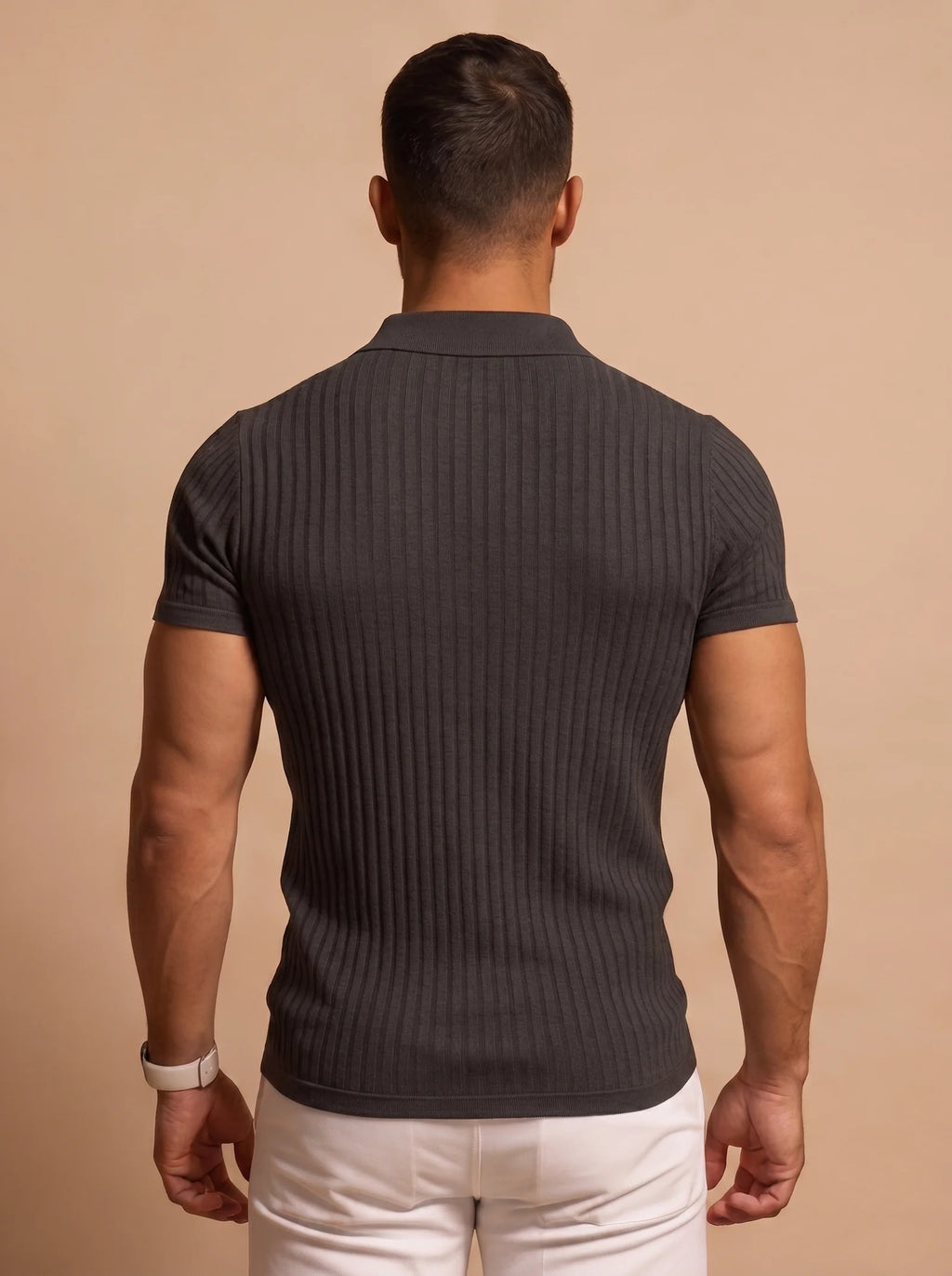 Men's Slim Fit Ribbed Polo Shirt with V-Neck Collar