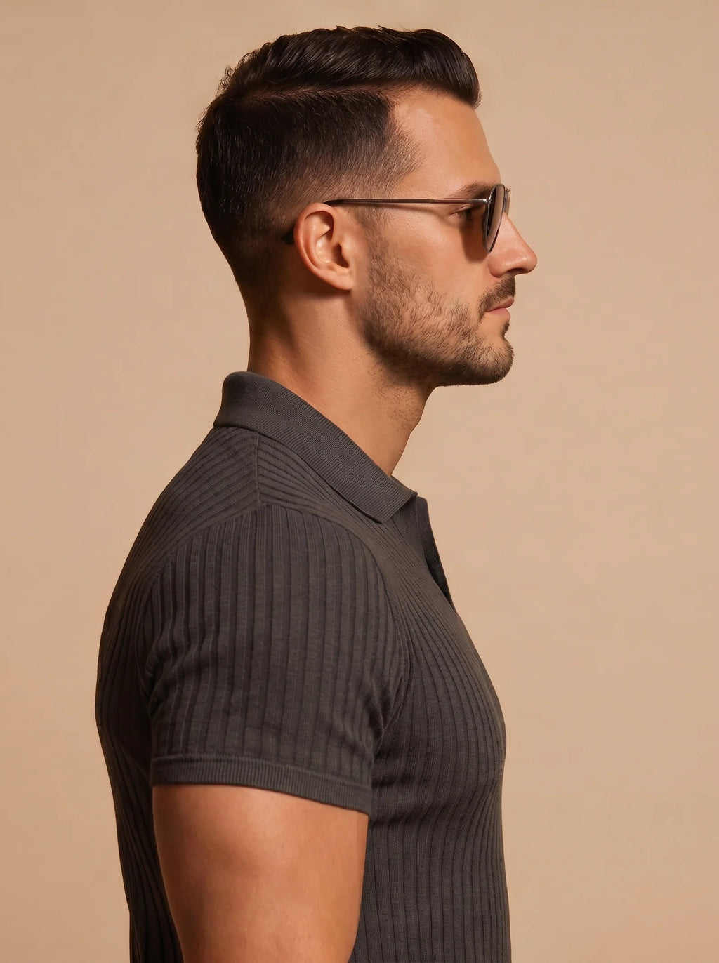 Men's Slim Fit Ribbed Polo Shirt with V-Neck Collar
