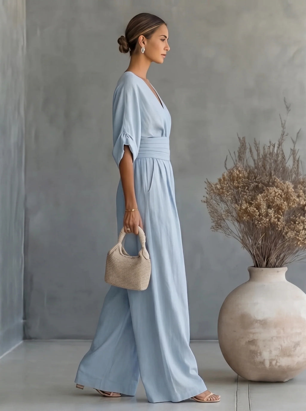 Women's Elegant V-Neck Wide-Leg Jumpsuit