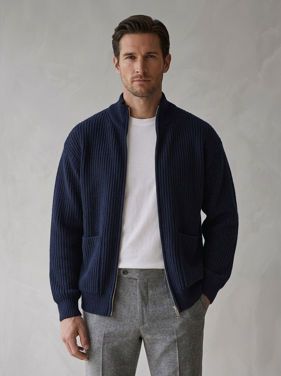 Men's Knitted Cardigan with Funnel Neck