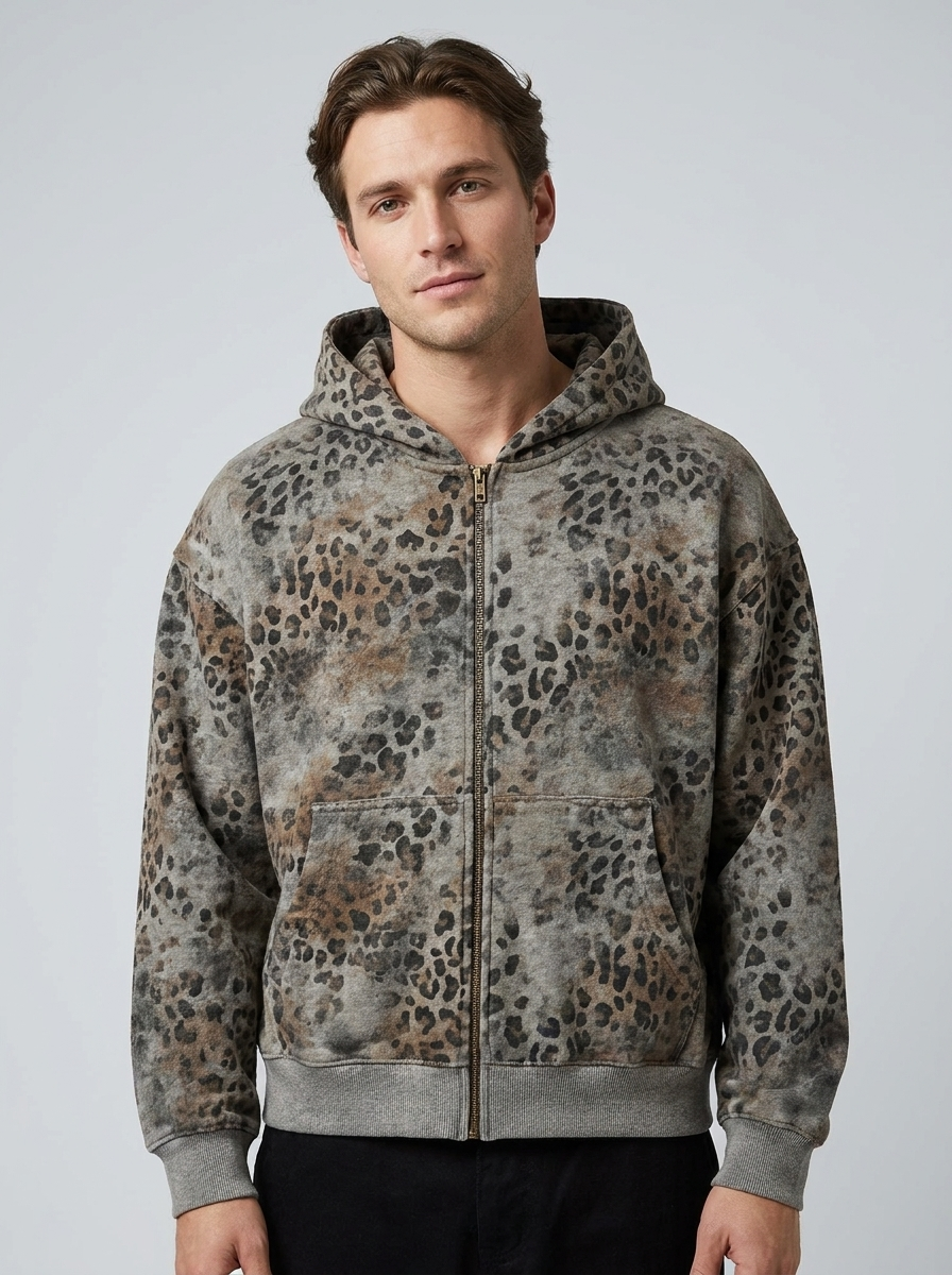Men's Hooded Leopard-Print Zip Up Hoodie
