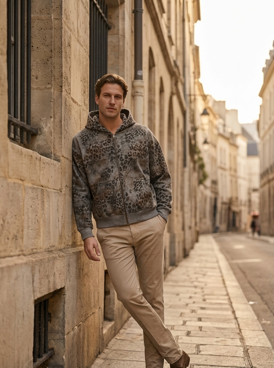 Men's Hooded Leopard-Print Zip Up Hoodie
