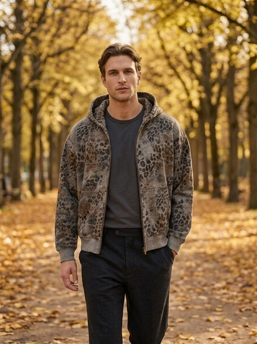 Men's Hooded Leopard-Print Zip Up Hoodie