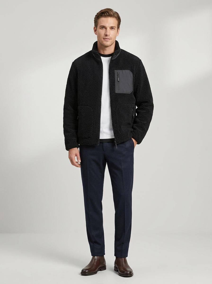 Men's Sherpa Fleece Jacket with Zip Front & Chest Pocket