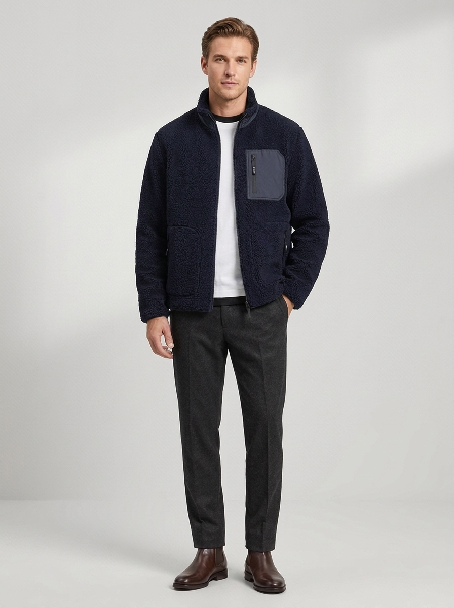 Men's Sherpa Fleece Jacket with Zip Front & Chest Pocket