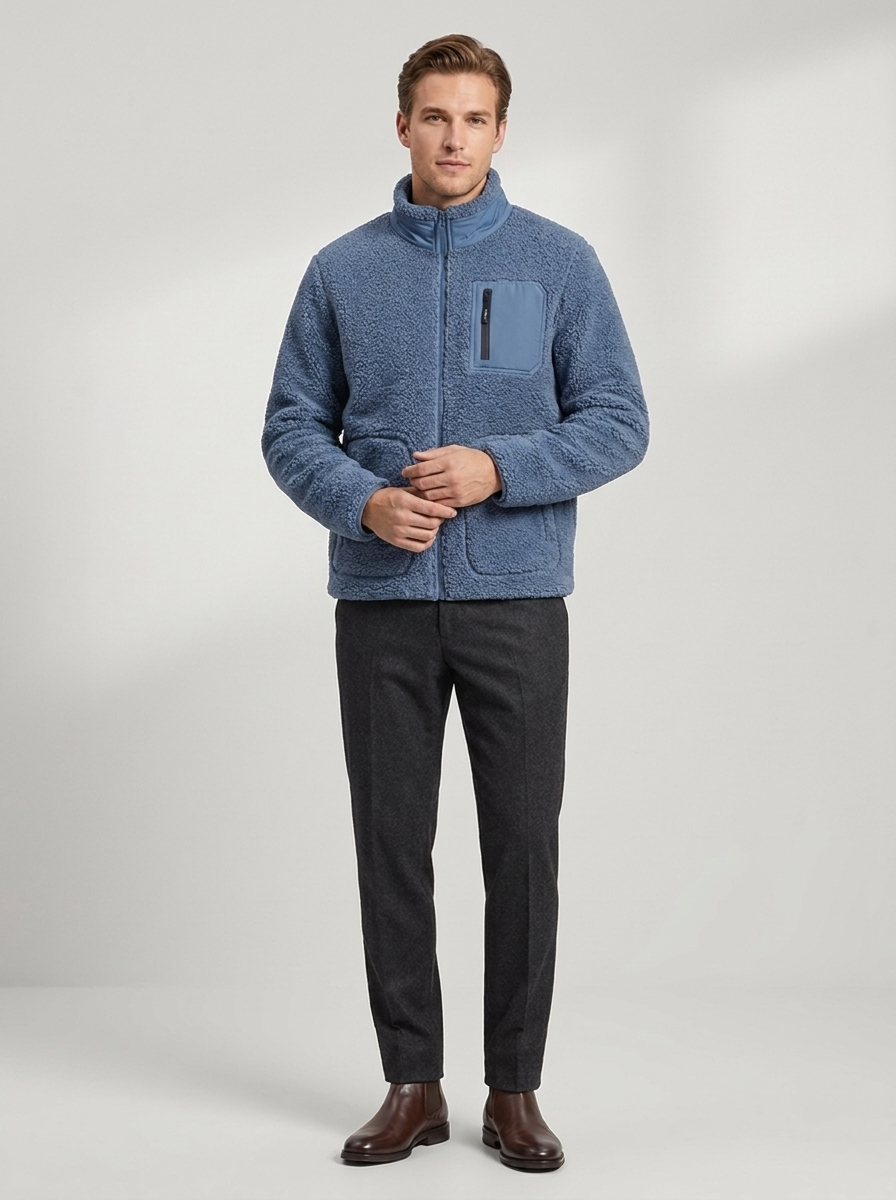 Men's Sherpa Fleece Jacket with Zip Front & Chest Pocket