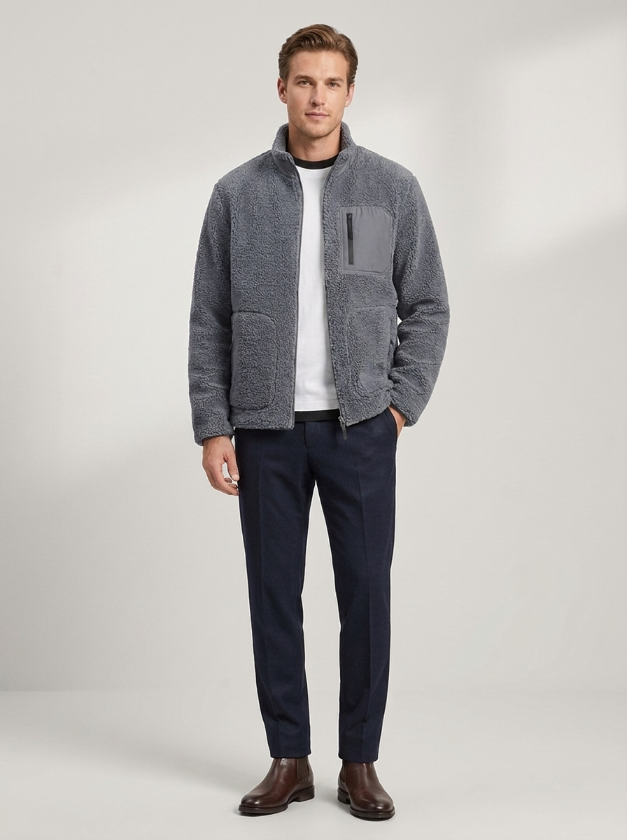 Men's Sherpa Fleece Jacket with Zip Front & Chest Pocket